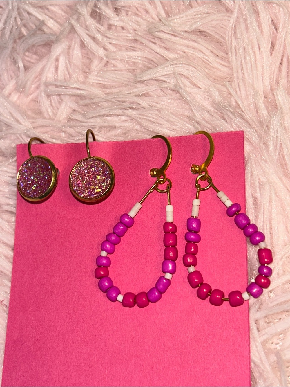 Hot Pink & White Beaded Hoop set | Handmade